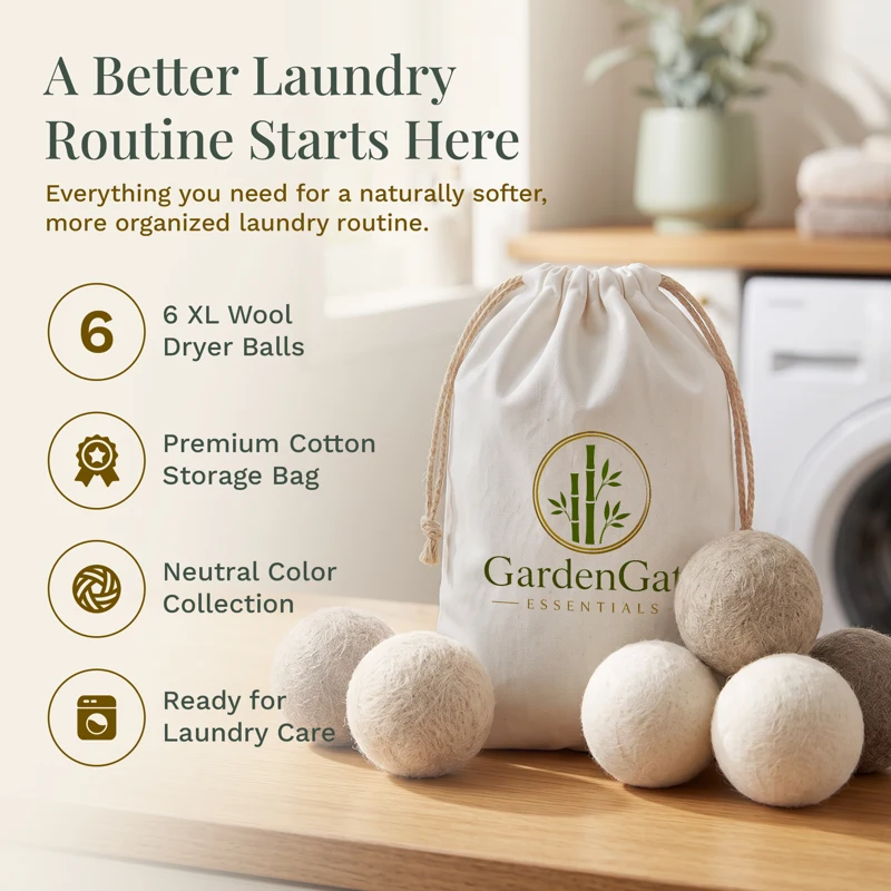 Six extra-large wool dryer balls and a premium cotton storage bag for everyday laundry care