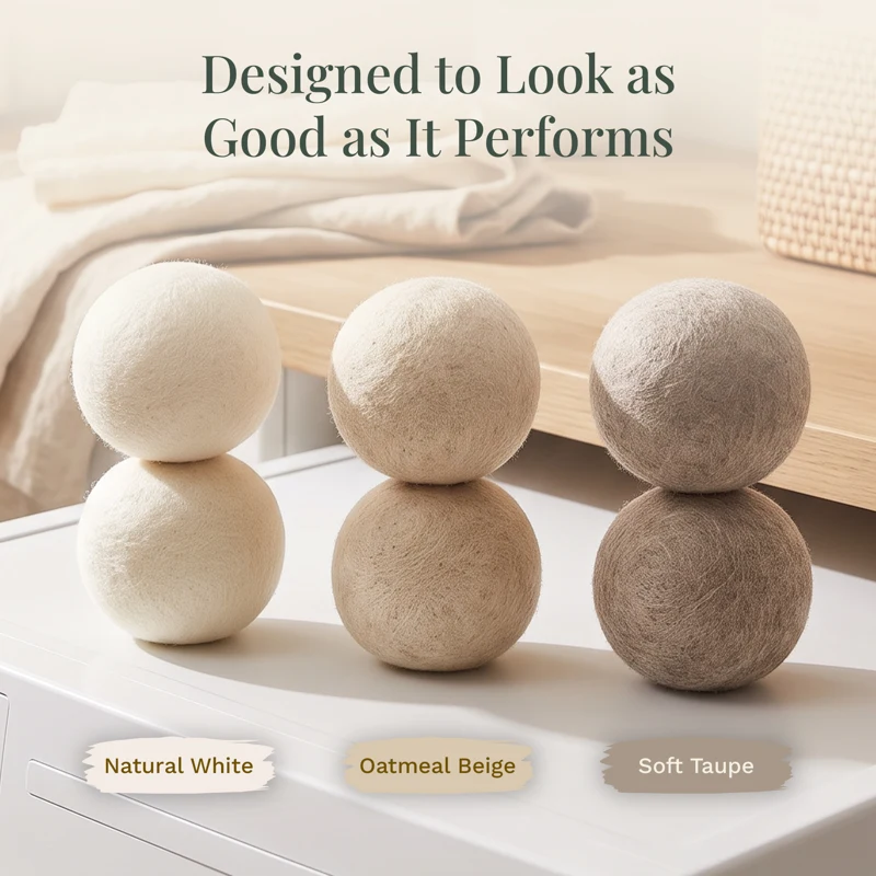 Six wool dryer balls in natural white, oatmeal beige, and soft taupe