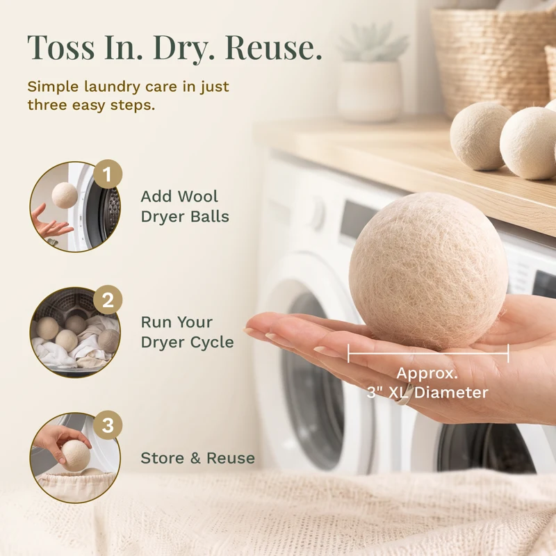 Toss in, dry, reuse: add wool dryer balls, run your dryer cycle, then store and reuse