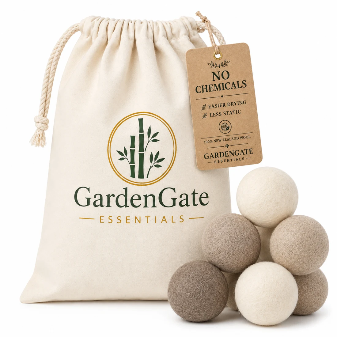 GardenGate Essentials cotton storage bag with six neutral-colored wool dryer balls